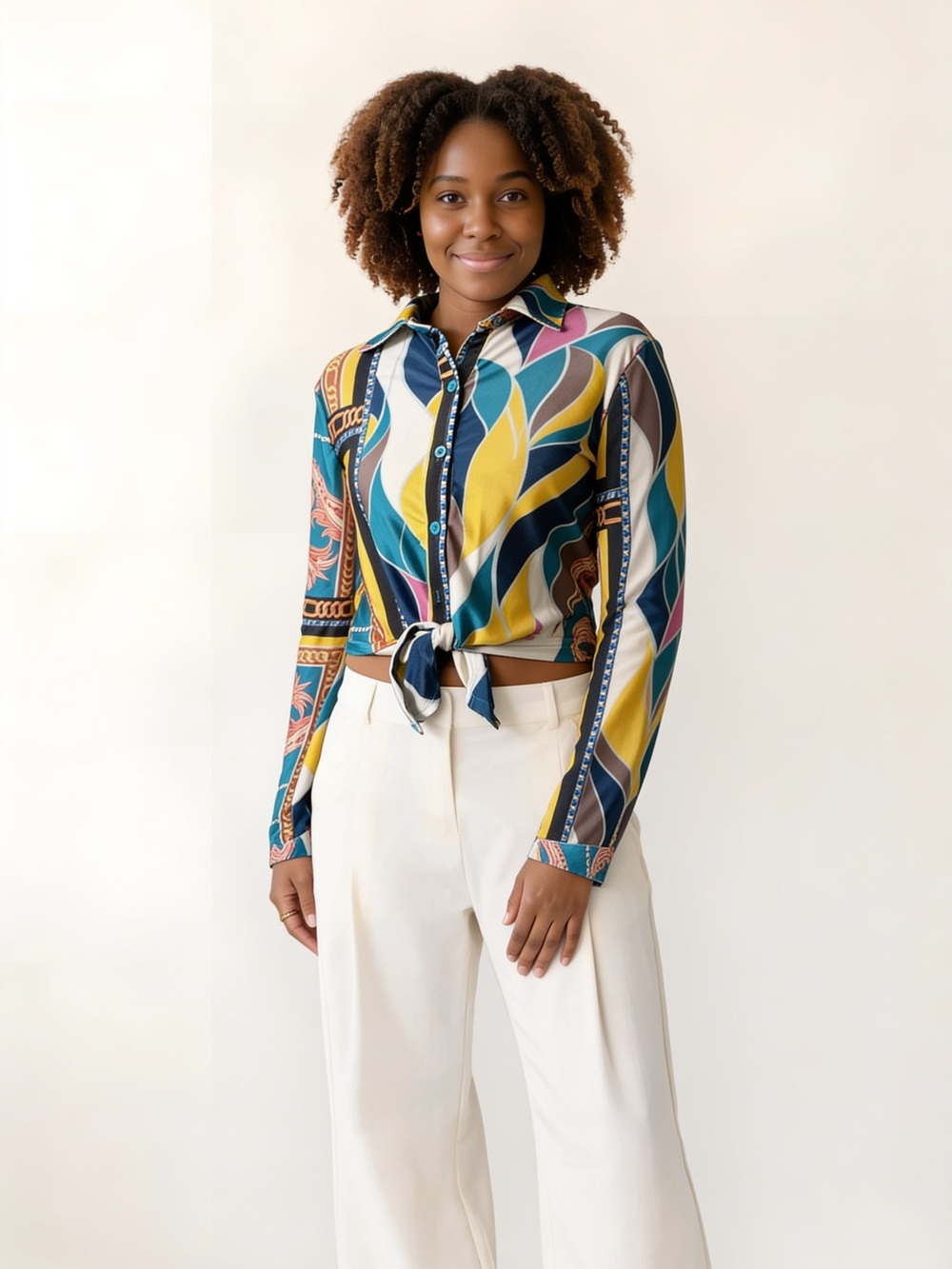 Women’s Multicolor Abstract Tie-Front Button-Down Shirt